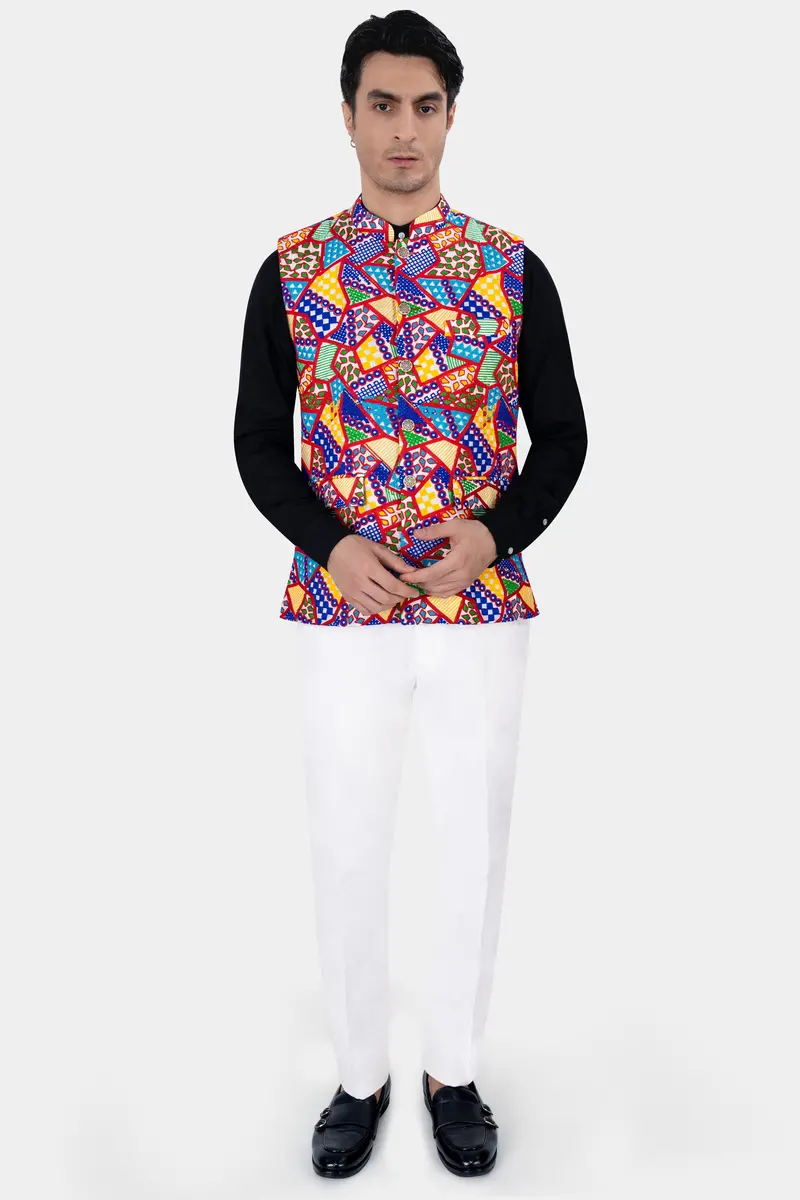 Carmine Red With Cobalt Blue And Amber Yellow Multicolour Cotton Thread Embroidered Nehru Jacket 6