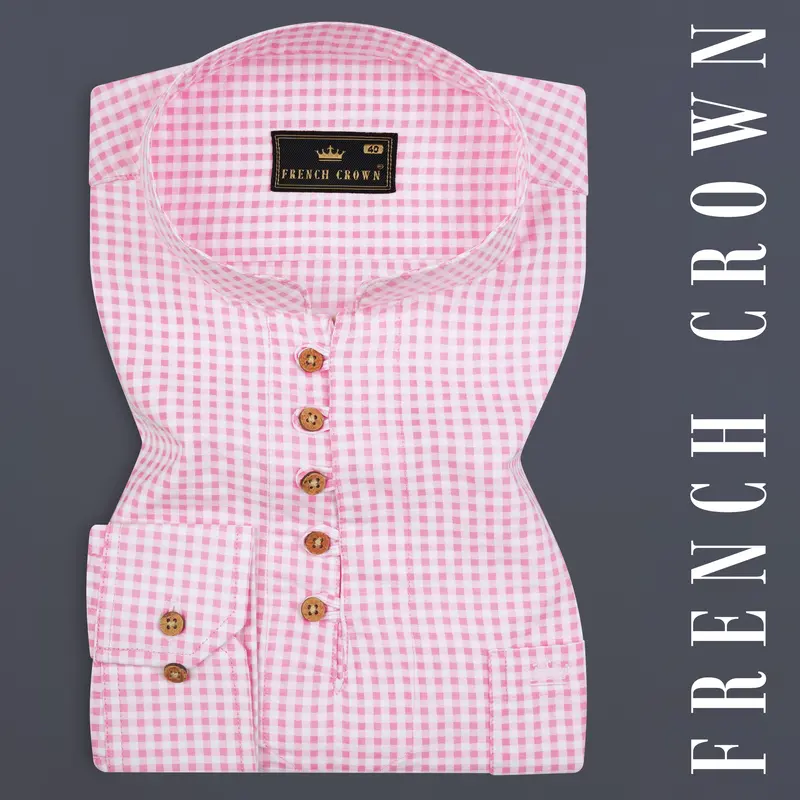 Carnation Pink Checked Seersucker Giza Cotton Kurta Shirt 1