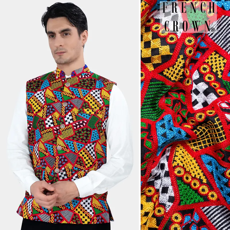 Carnelian Red And Kelly Green Multicolour Cotton Thread Embroidered Nehru Jacket 1