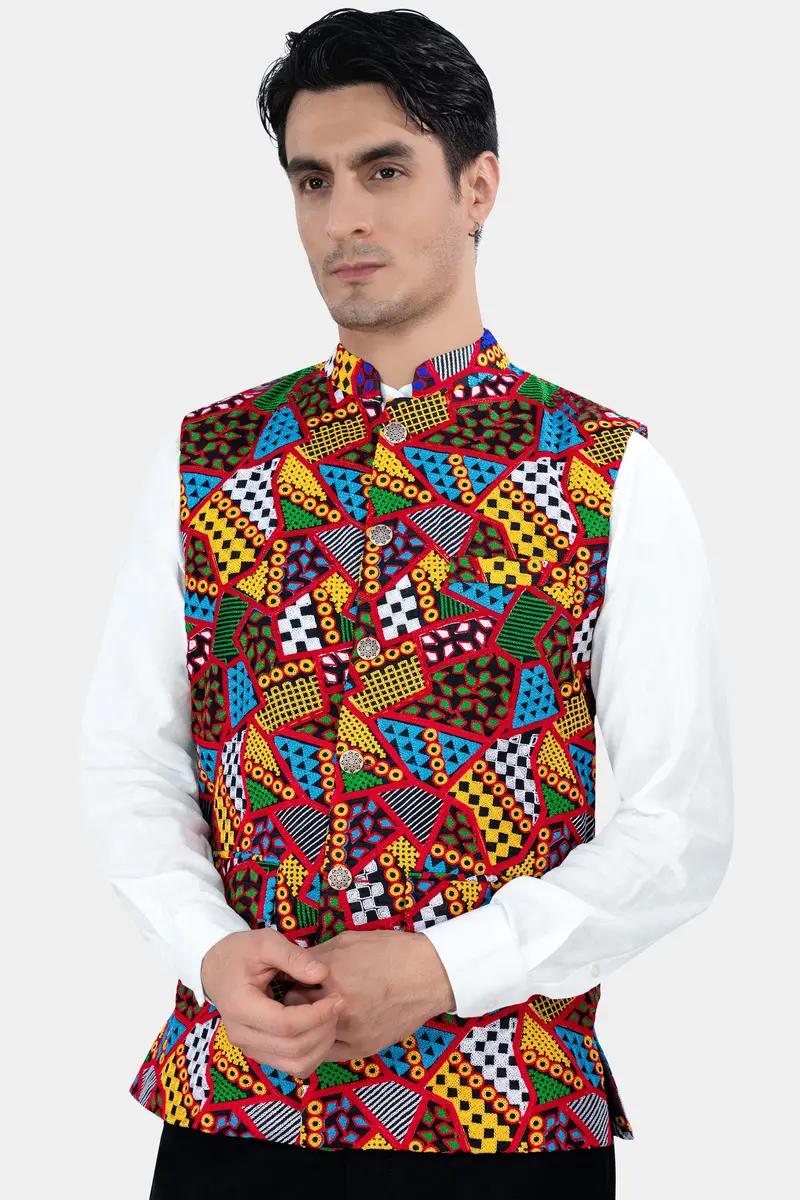 Carnelian Red And Kelly Green Multicolour Cotton Thread Embroidered Nehru Jacket 2