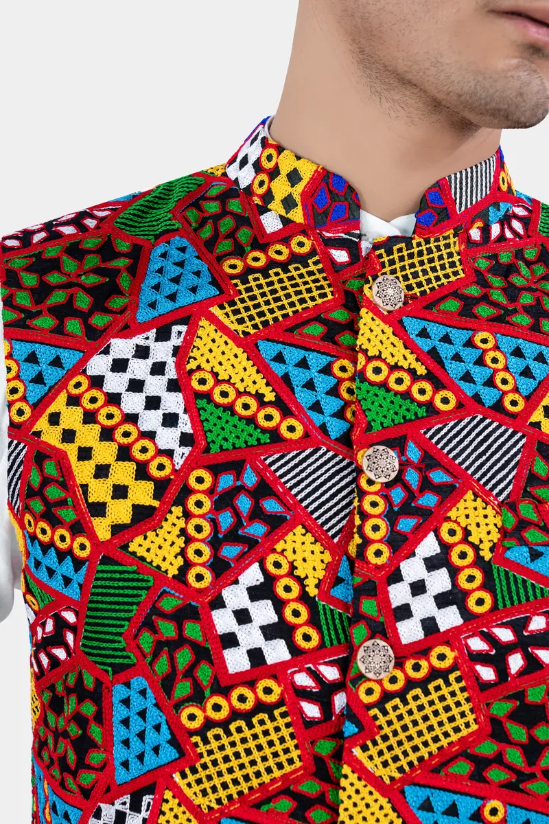 Carnelian Red And Kelly Green Multicolour Cotton Thread Embroidered Nehru Jacket 4