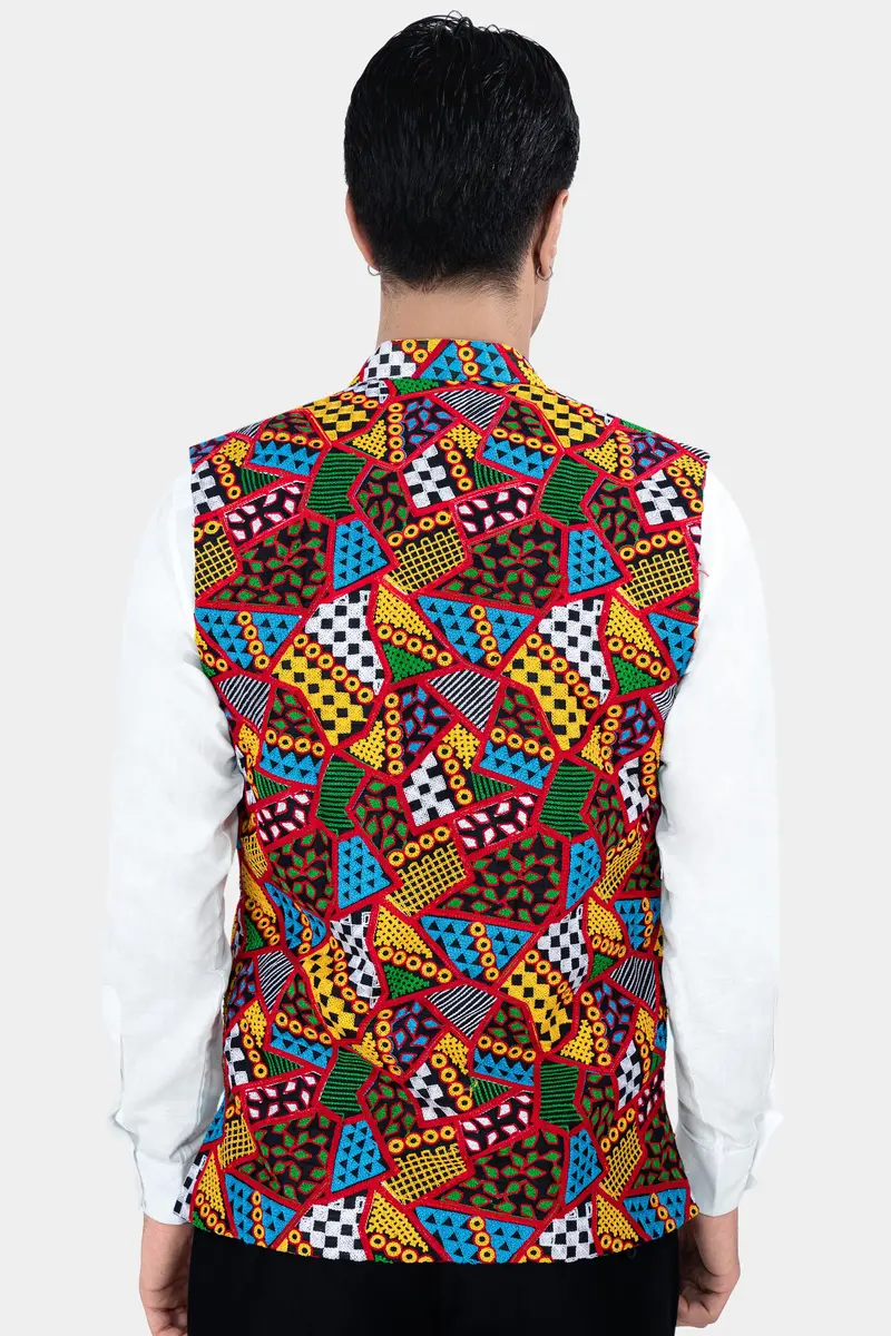 Carnelian Red And Kelly Green Multicolour Cotton Thread Embroidered Nehru Jacket 5