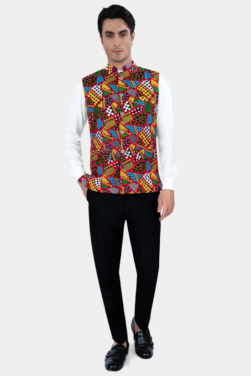 Carnelian Red And Kelly Green Multicolour Cotton Thread Embroidered Nehru Jacket 6
