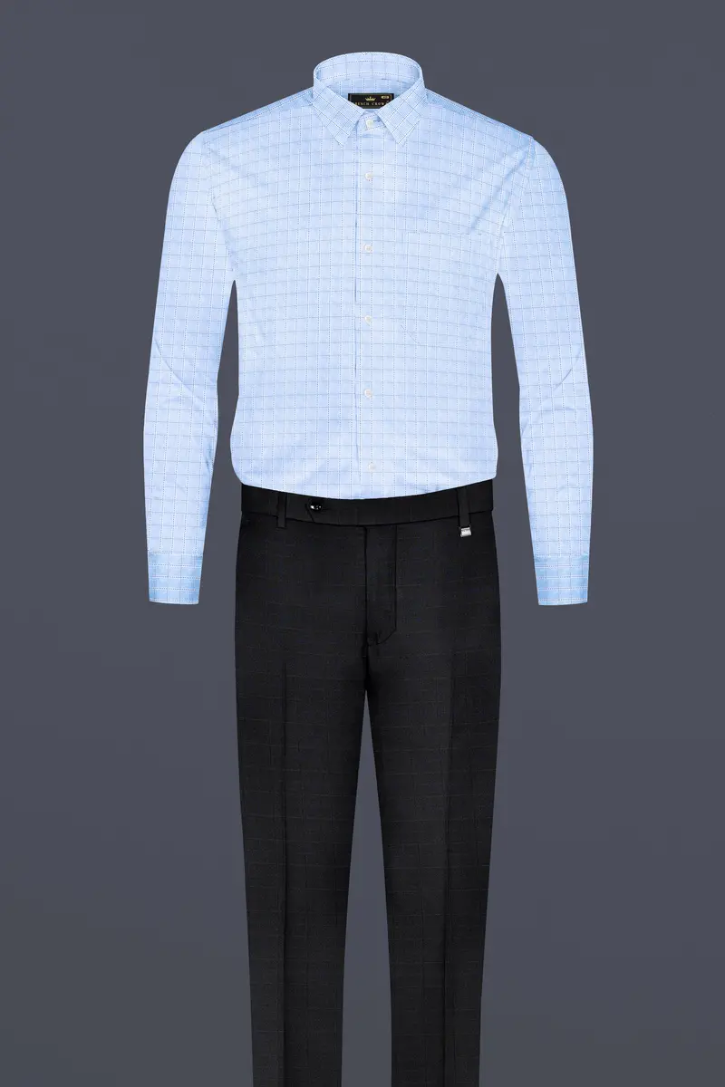 Carolina Blue Checkered Dobby Textured Premium Giza Cotton Shirt 6