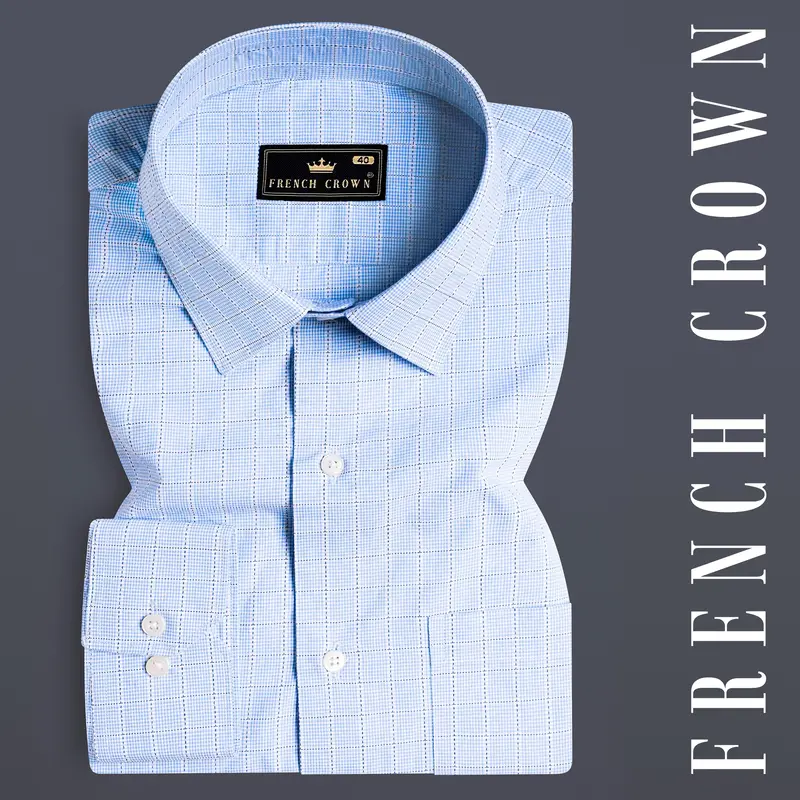 Carolina Blue Checkered Dobby Textured Premium Giza Cotton Shirt 7