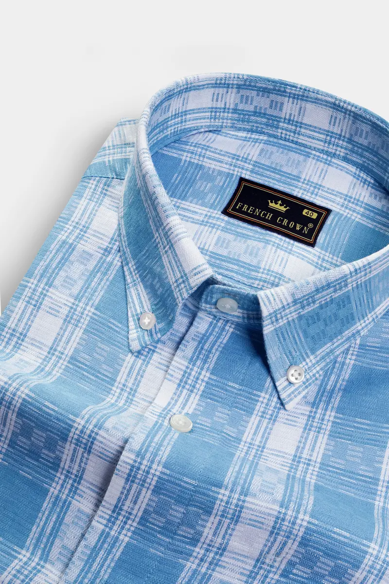 Carolina Blue Plaid Dobby Textured Premium Giza Cotton Shirt 1
