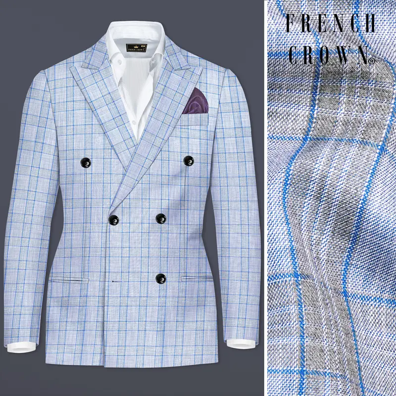 Carolina Blue Plaid Wool Blend Double Breasted Blazer 1