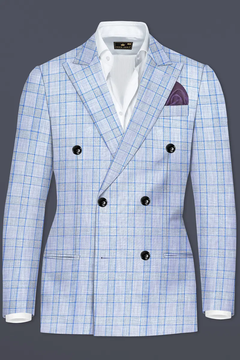 Carolina Blue Plaid Wool Blend Double Breasted Blazer 2