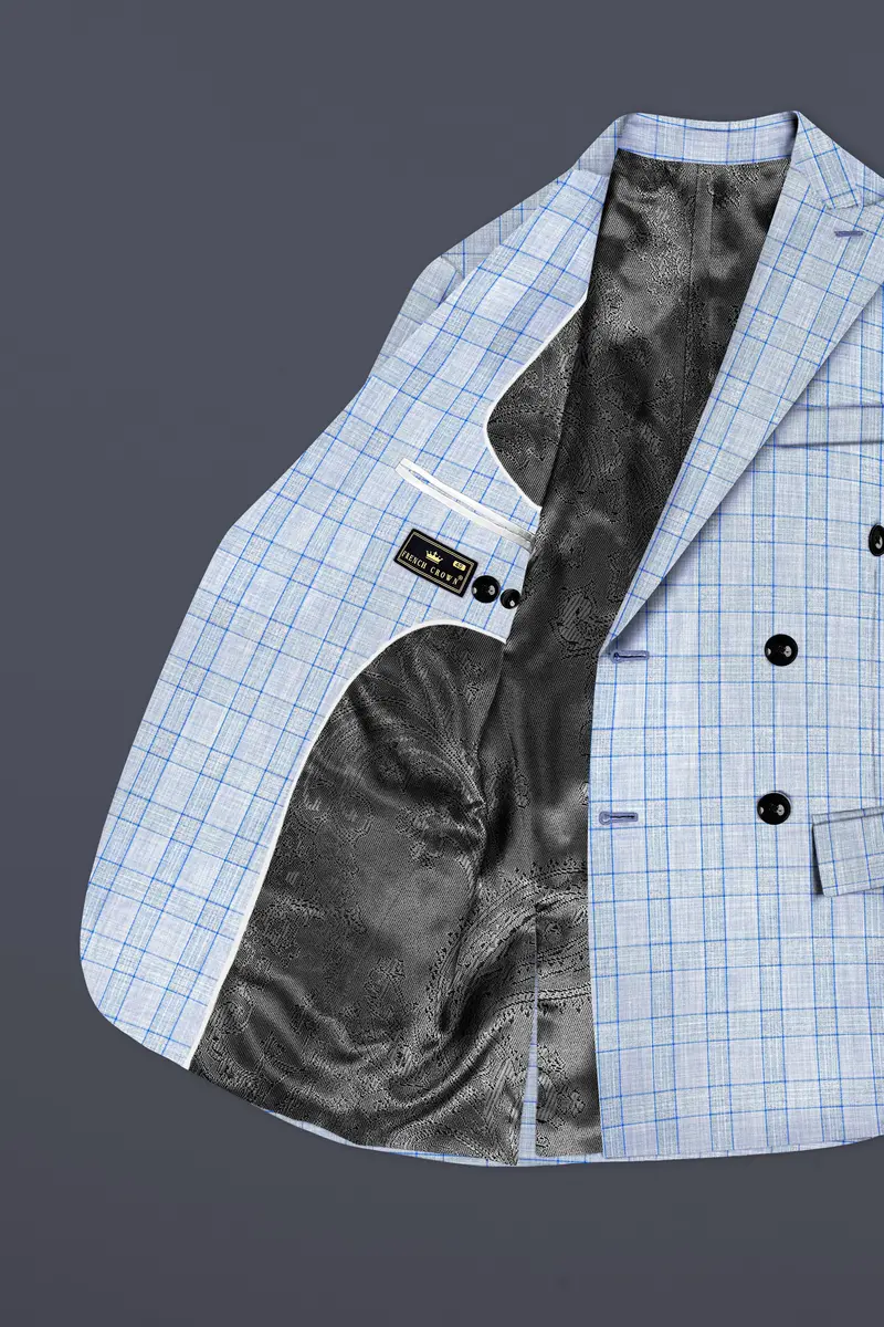 Carolina Blue Plaid Wool Blend Double Breasted Blazer 5