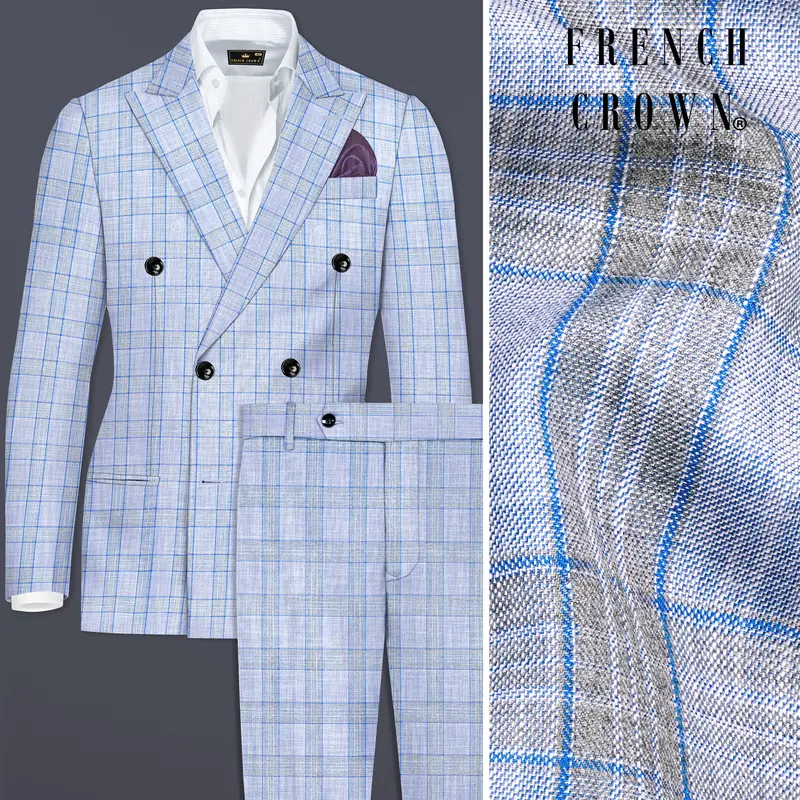 Carolina Blue Plaid Wool Blend Double Breasted Suit 1