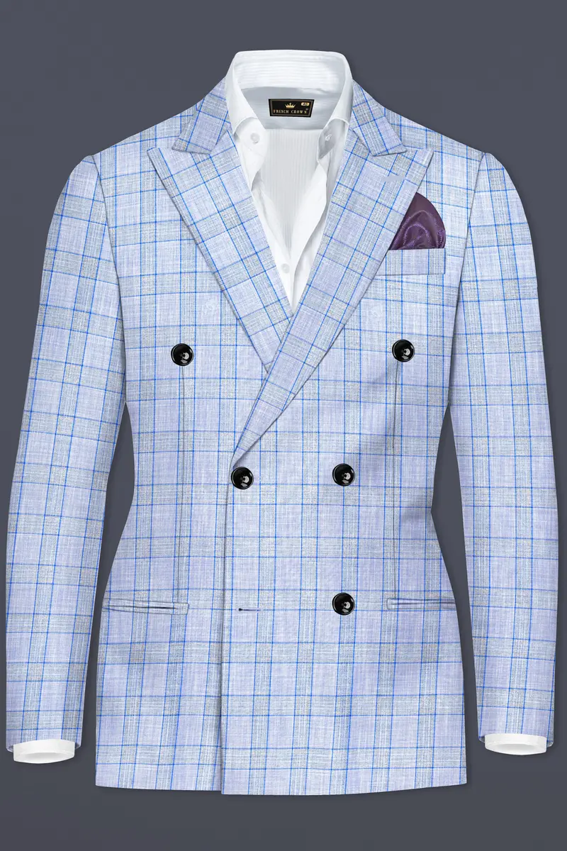 Carolina Blue Plaid Wool Blend Double Breasted Suit 10