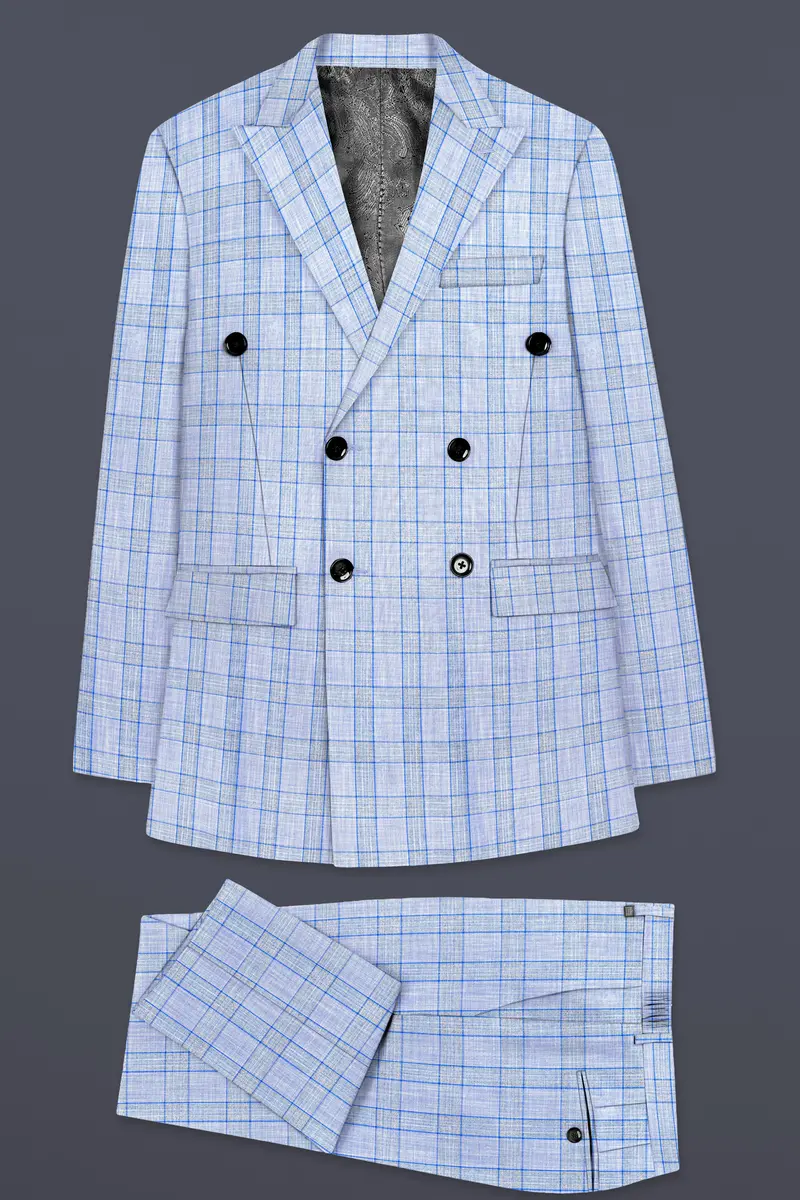 Carolina Blue Plaid Wool Blend Double Breasted Suit 11