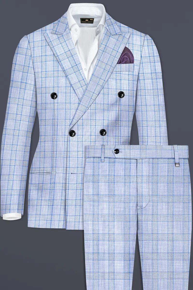Carolina Blue Plaid Wool Blend Double Breasted Suit 2