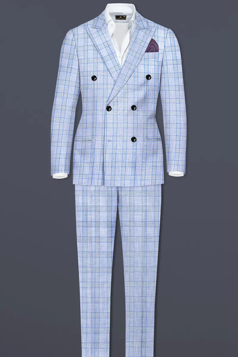 Carolina Blue Plaid Wool Blend Double Breasted Suit 4