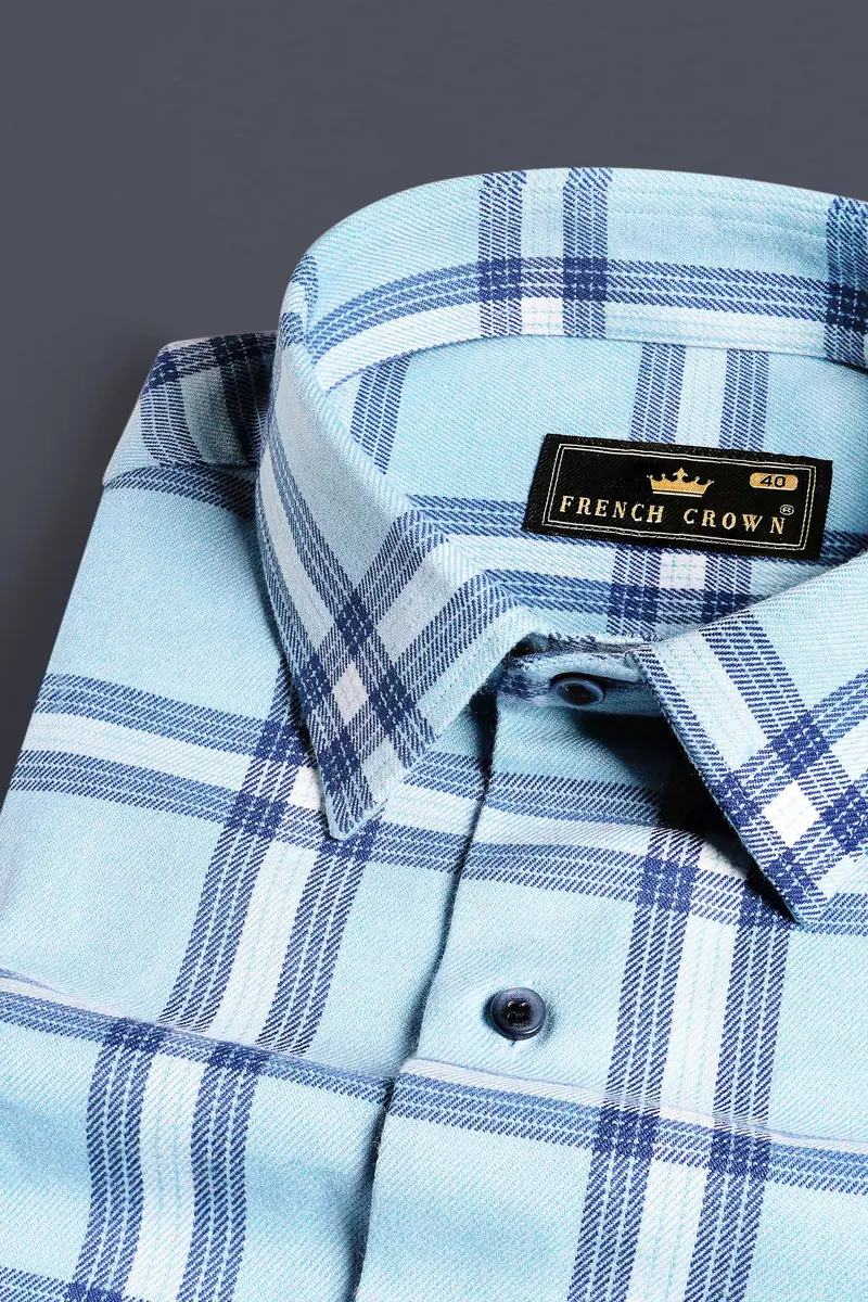 Carolina Blue Twill Plaid Premium Cotton Shirt 1