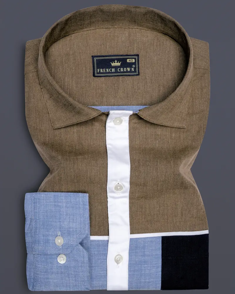 Carolina Blue With Brown And Black Luxurious Linen Designer Shirt 1