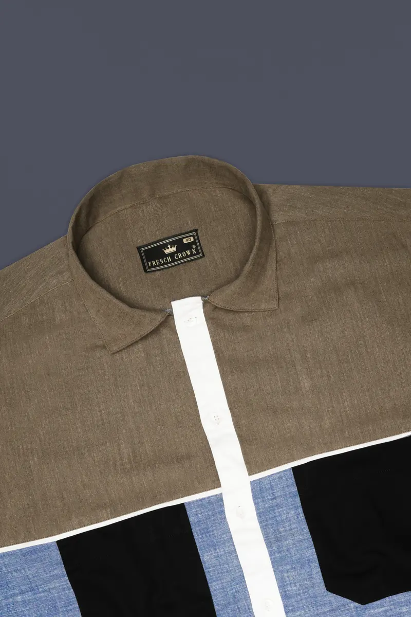 Carolina Blue With Brown And Black Luxurious Linen Designer Shirt 5