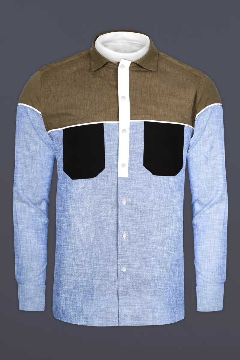 Carolina Blue With Brown And Black Luxurious Linen Designer Shirt 6