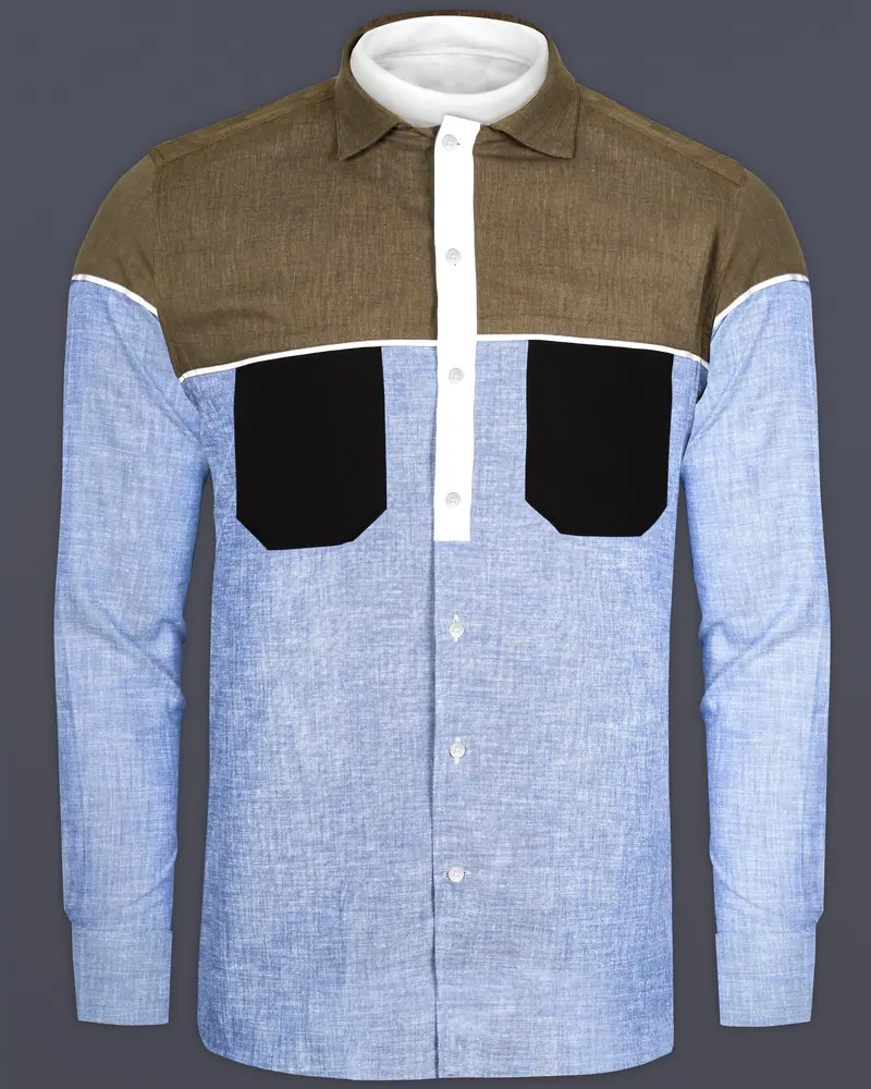 Carolina Blue With Brown And Black Luxurious Linen Designer Shirt 8