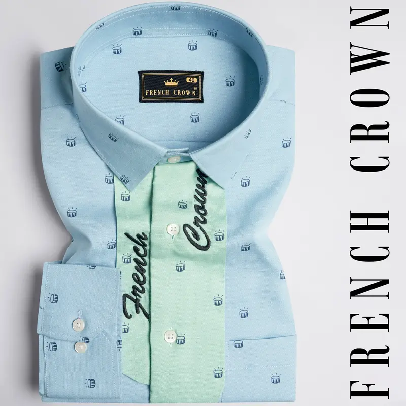 Carolina Blue With Downy Green French Crown Embroidered Patchwork Royal Oxford Designer Shirt 1