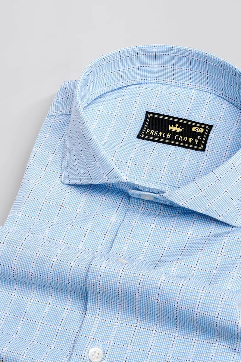 Carolina Blue With White Checkered Dobby Textured Premium Giza Cotton Shirt 1