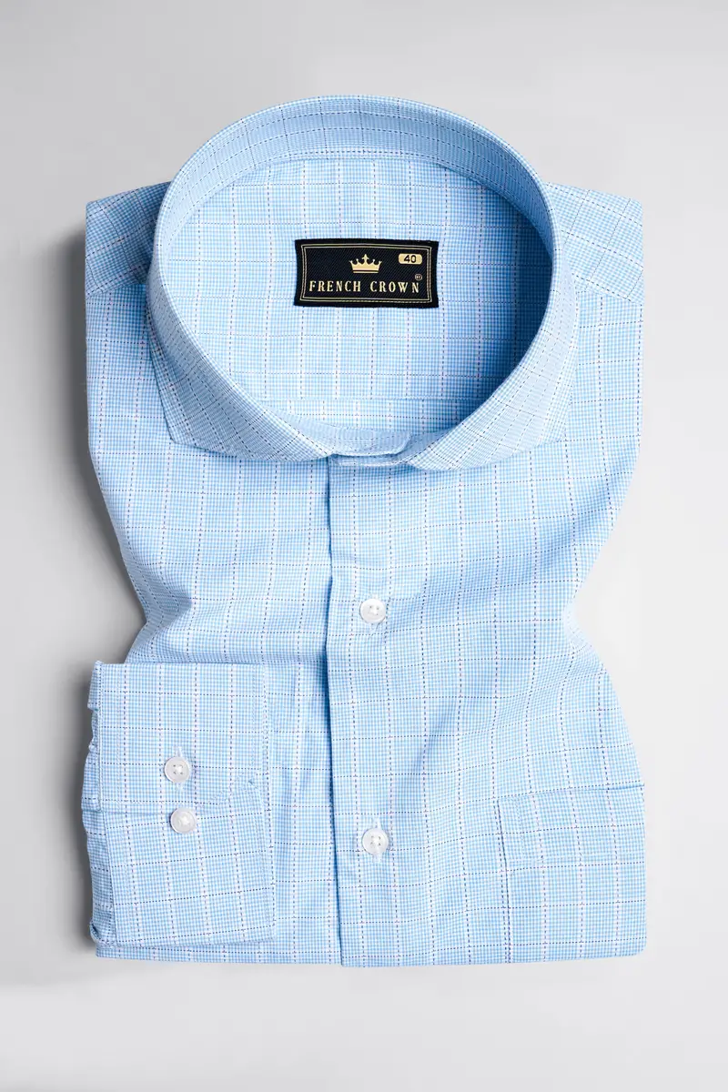 Carolina Blue With White Checkered Dobby Textured Premium Giza Cotton Shirt 4