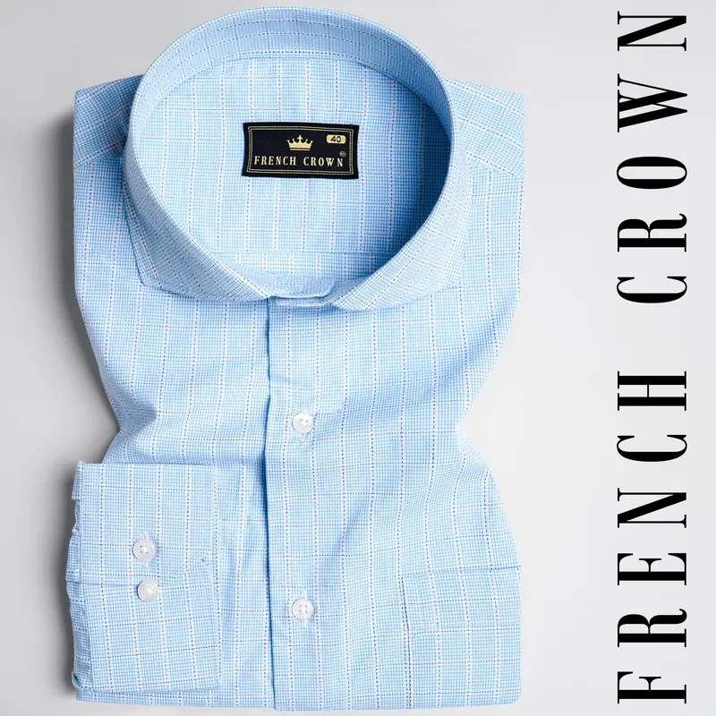 Carolina Blue With White Checkered Dobby Textured Premium Giza Cotton Shirt 5