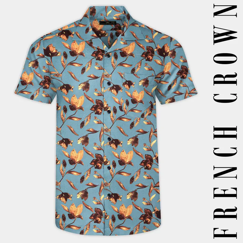 Cascade Blue And Tangerine Orange Floral Printed Subtle Sheen Super Soft Premium Cotton Shirt 1