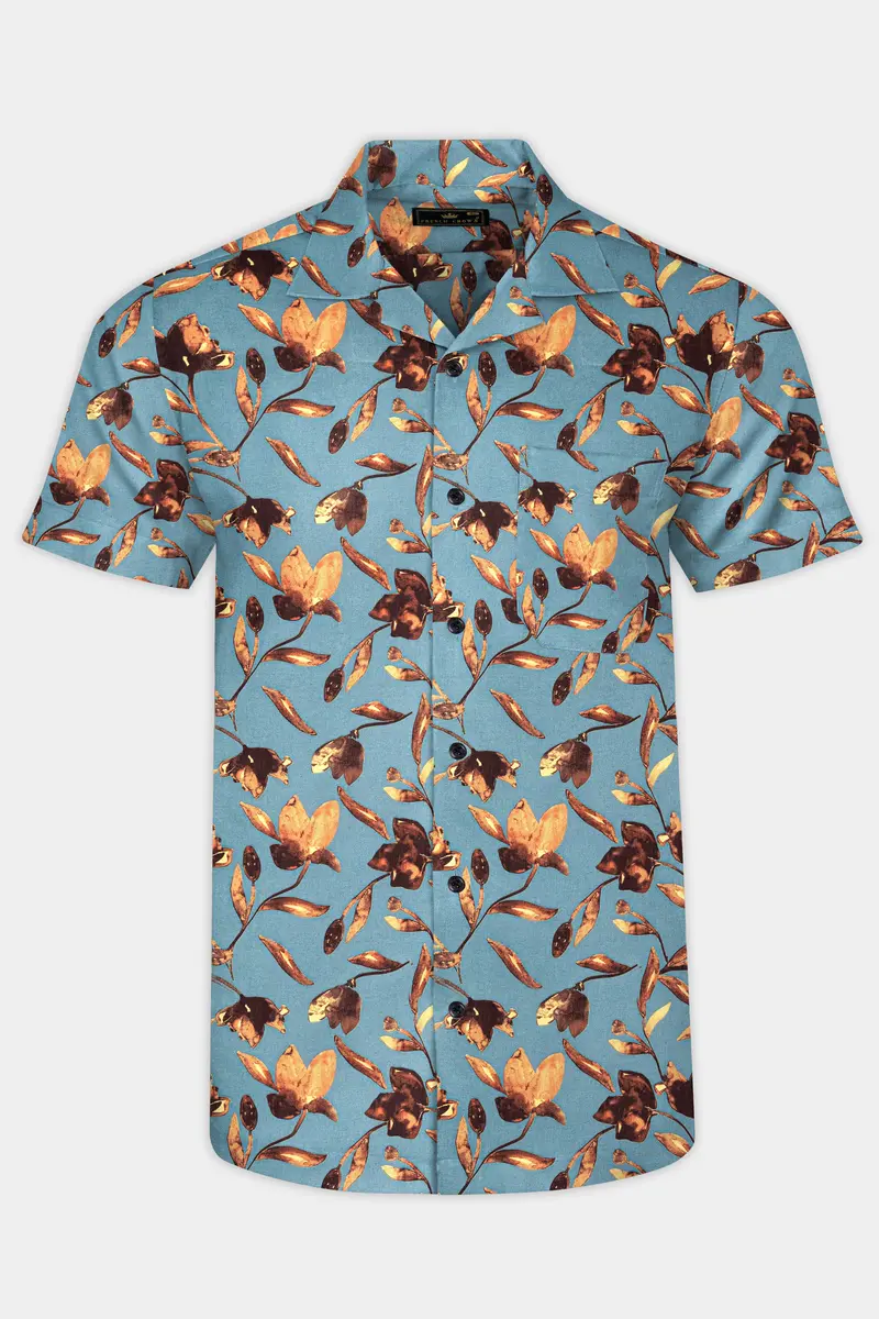 Cascade Blue And Tangerine Orange Floral Printed Subtle Sheen Super Soft Premium Cotton Shirt 2
