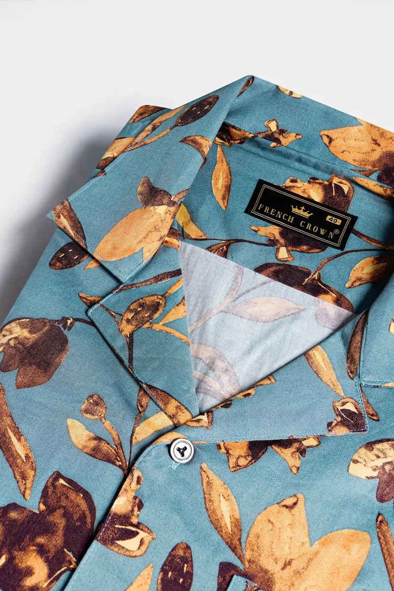 Cascade Blue And Tangerine Orange Floral Printed Subtle Sheen Super Soft Premium Cotton Shirt 4
