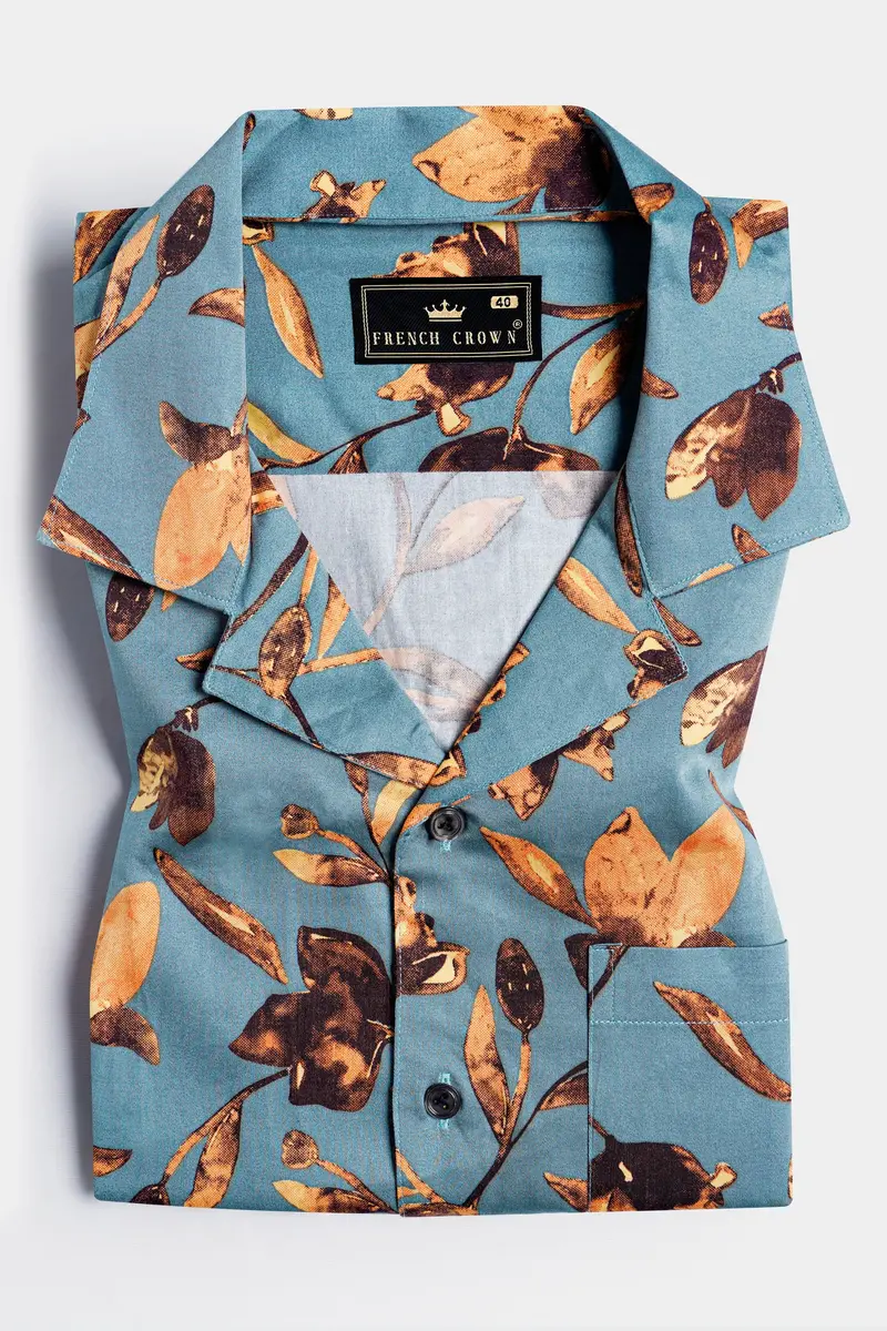 Cascade Blue And Tangerine Orange Floral Printed Subtle Sheen Super Soft Premium Cotton Shirt 5