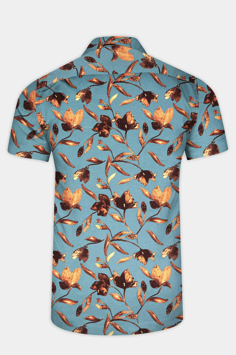 Cascade Blue And Tangerine Orange Floral Printed Subtle Sheen Super Soft Premium Cotton Shirt 6