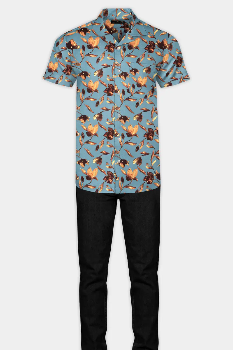 Cascade Blue And Tangerine Orange Floral Printed Subtle Sheen Super Soft Premium Cotton Shirt 7