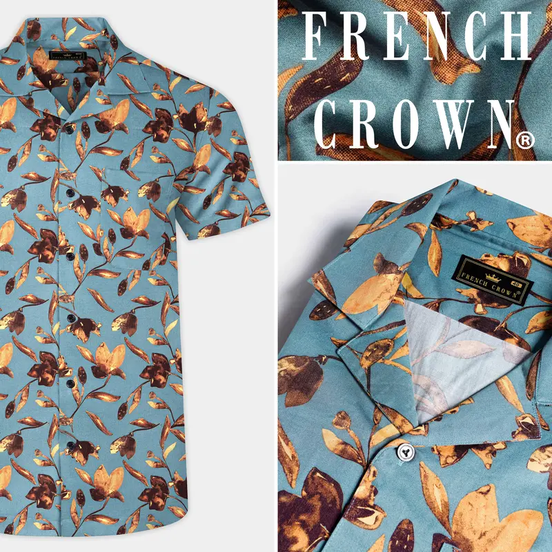 Cascade Blue And Tangerine Orange Floral Printed Subtle Sheen Super Soft Premium Cotton Shirt 9