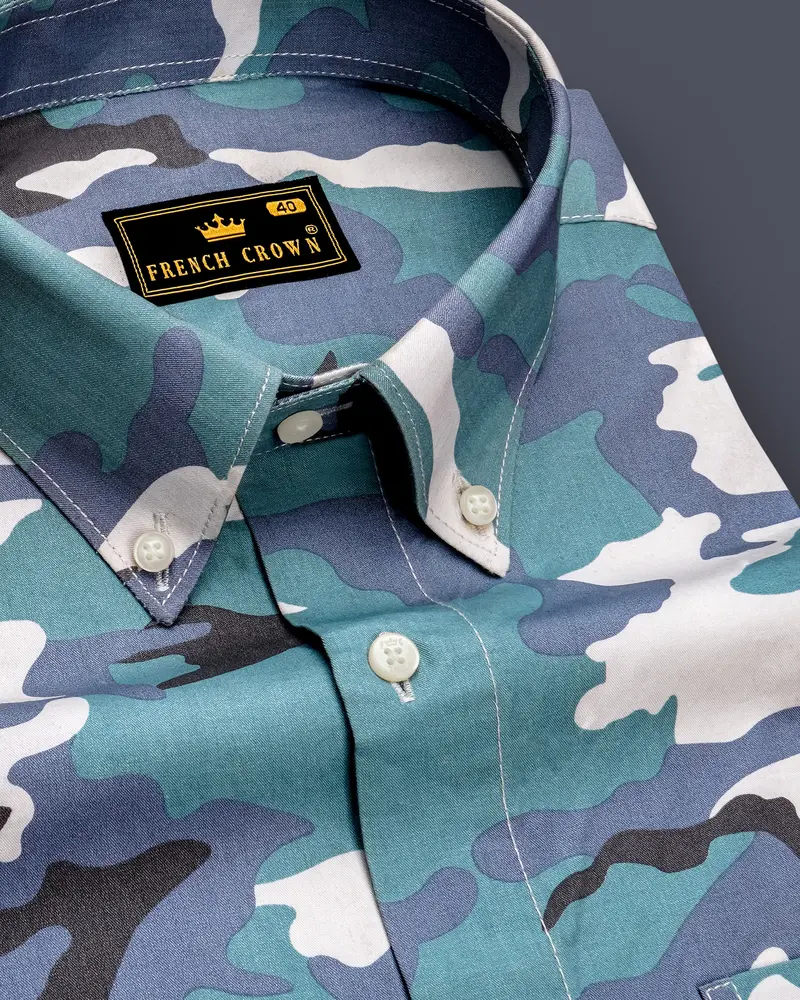 Cascade Blue With Mobster Blue Multicolour Camouflage Printed Royal Oxford Shirt 1