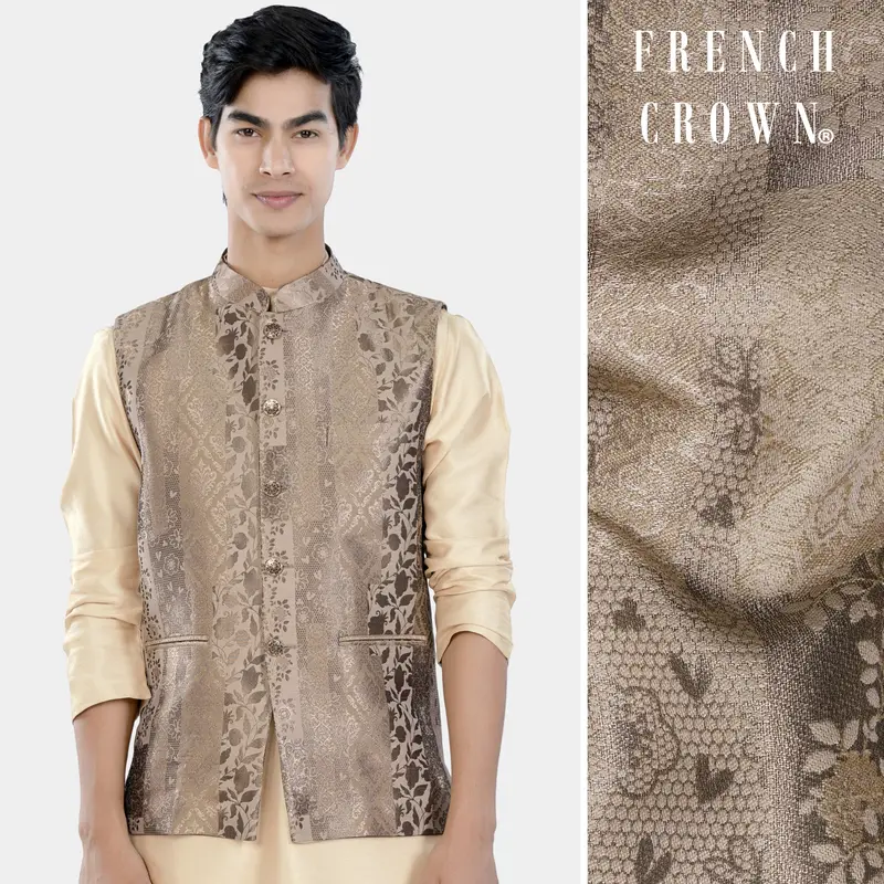Cashmere And Sandrift Brown Floral Jacquard Textured Designer Nehru Jacket 1