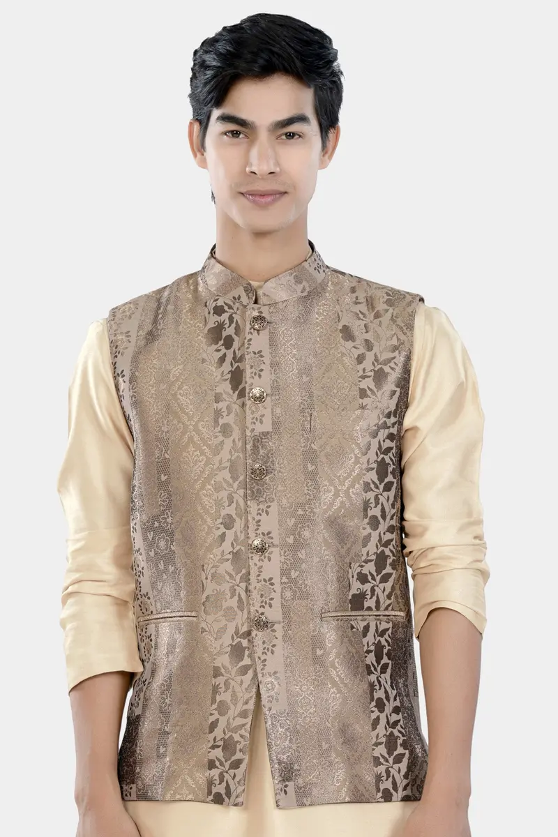 Cashmere And Sandrift Brown Floral Jacquard Textured Designer Nehru Jacket 2