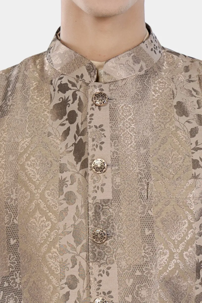 Cashmere And Sandrift Brown Floral Jacquard Textured Designer Nehru Jacket 4