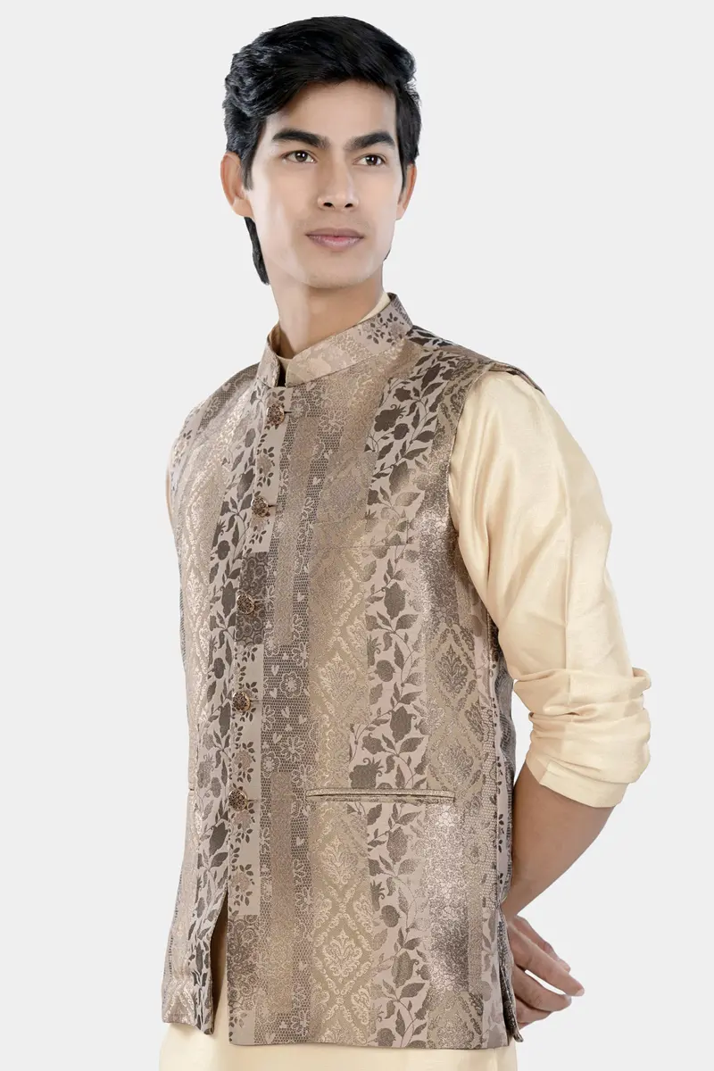 Cashmere And Sandrift Brown Floral Jacquard Textured Designer Nehru Jacket 5