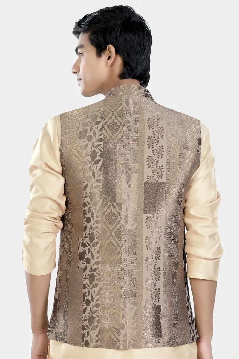 Cashmere And Sandrift Brown Floral Jacquard Textured Designer Nehru Jacket 6