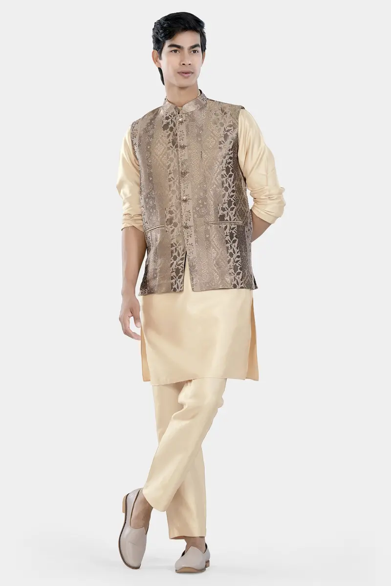 Cashmere And Sandrift Brown Floral Jacquard Textured Designer Nehru Jacket 7