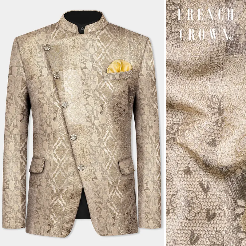 Cashmere And Sandrift Brown Jacquard Floral Weave Cross Placket Bandhgala Jodhpuri 1