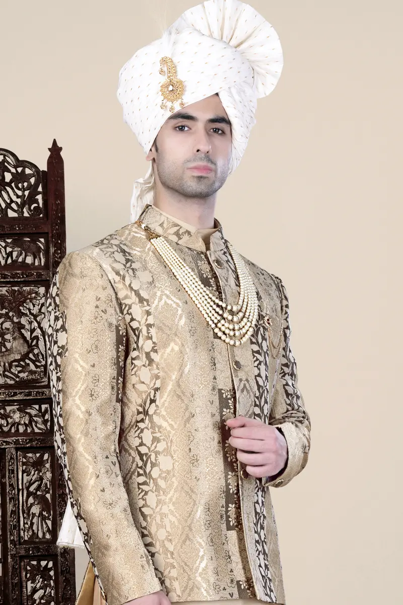 Cashmere And Sandrift Brown Jacquard Floral Weave Cross Placket Bandhgala Jodhpuri 10