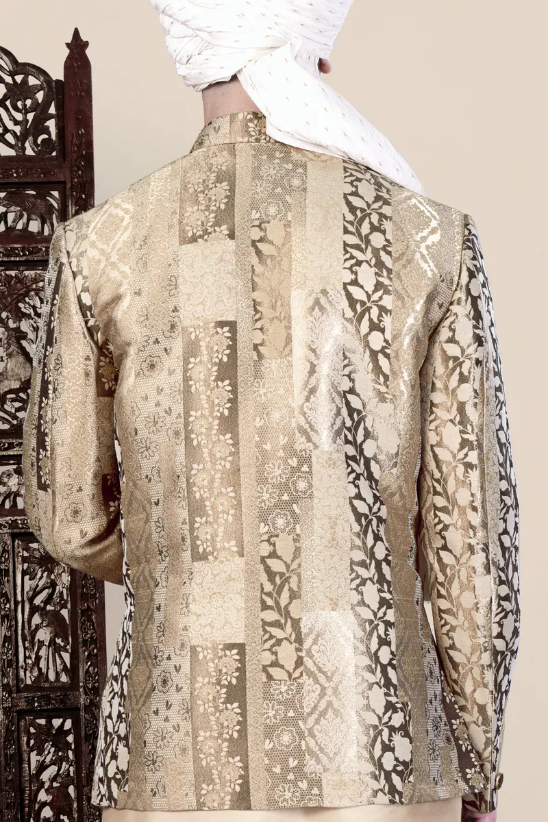 Cashmere And Sandrift Brown Jacquard Floral Weave Cross Placket Bandhgala Jodhpuri 12