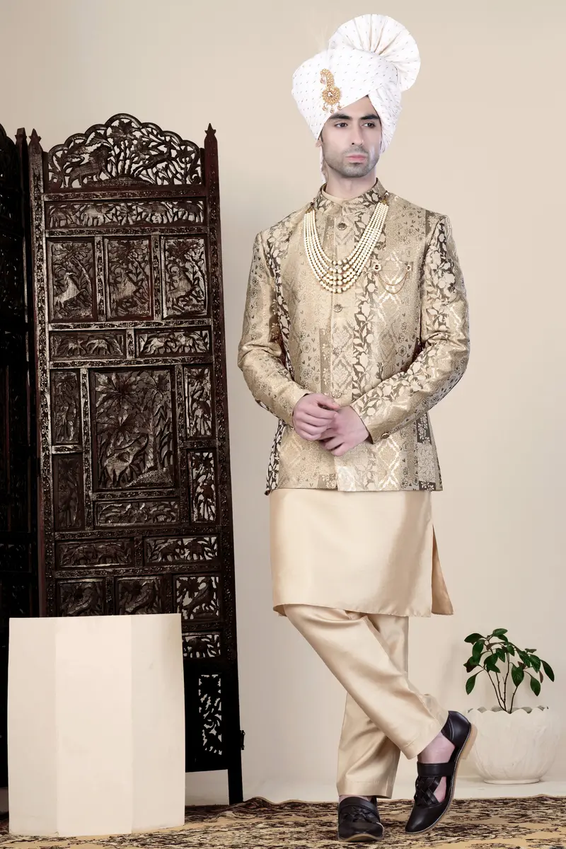 Cashmere And Sandrift Brown Jacquard Floral Weave Cross Placket Bandhgala Jodhpuri 13