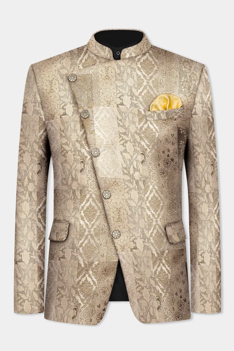 Cashmere And Sandrift Brown Jacquard Floral Weave Cross Placket Bandhgala Jodhpuri 2
