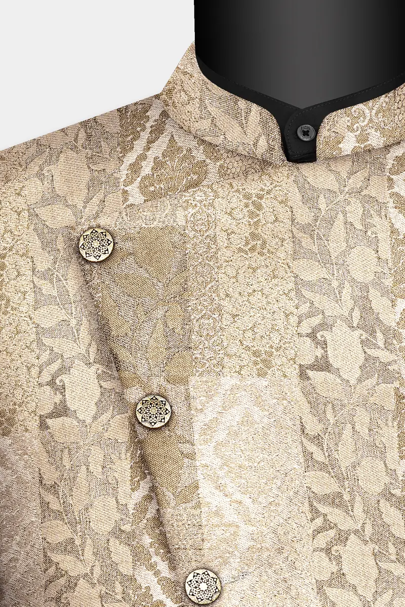 Cashmere And Sandrift Brown Jacquard Floral Weave Cross Placket Bandhgala Jodhpuri 4