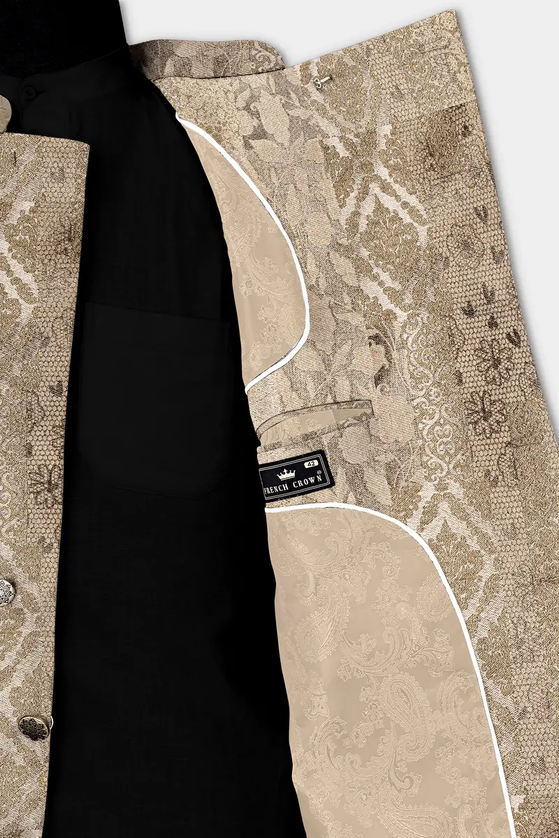 Cashmere And Sandrift Brown Jacquard Floral Weave Cross Placket Bandhgala Jodhpuri 6