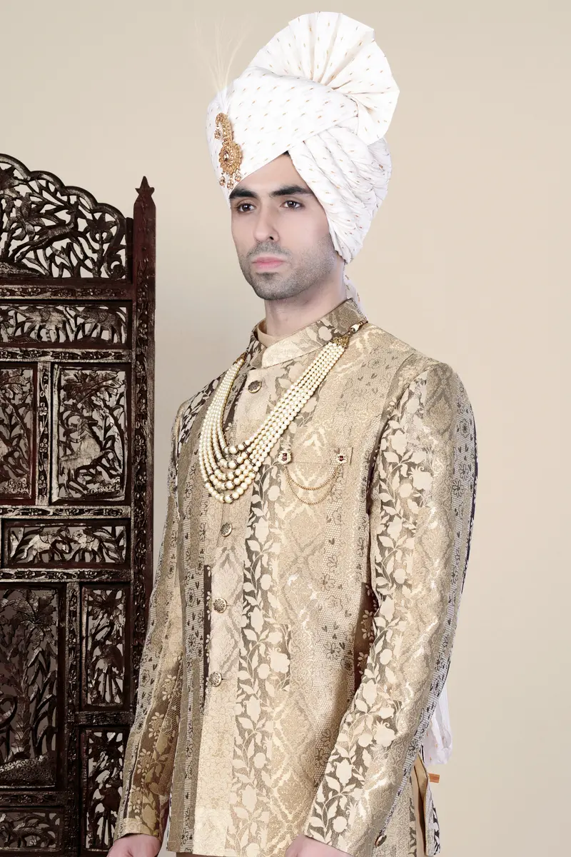 Cashmere And Sandrift Brown Jacquard Floral Weave Cross Placket Bandhgala Jodhpuri 8