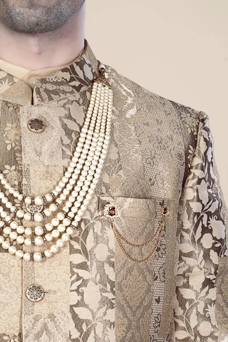 Cashmere And Sandrift Brown Jacquard Floral Weave Cross Placket Bandhgala Jodhpuri 9
